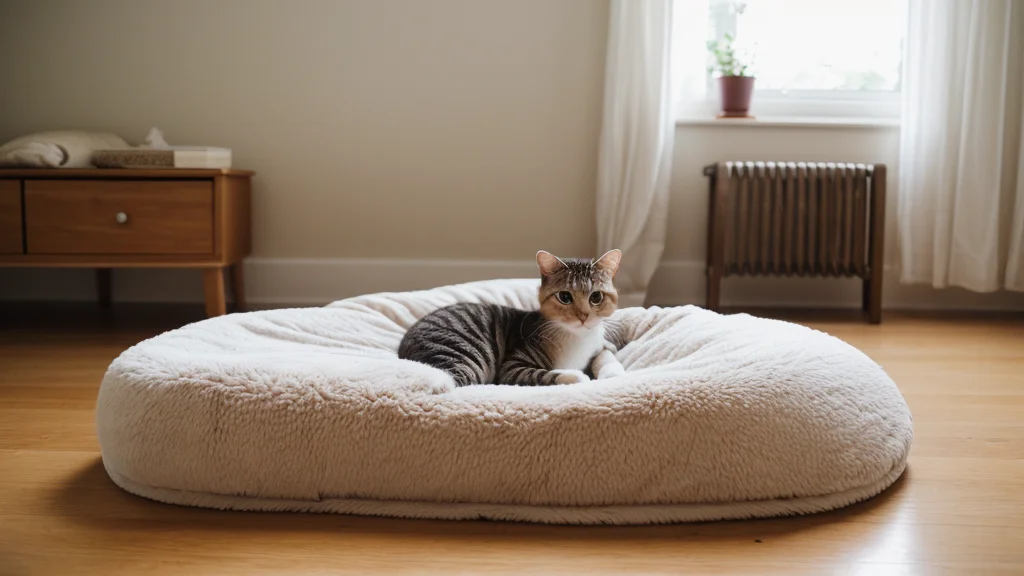 Уютная кошачья лежанка с мягким пледом и игрушкой на деревянном полу при мягком естественном освещении